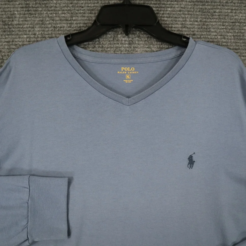 Polo Ralph Lauren V-Neck T-Shirt Mens XL Blue Long Sleeve Pony Logo Casual Wear